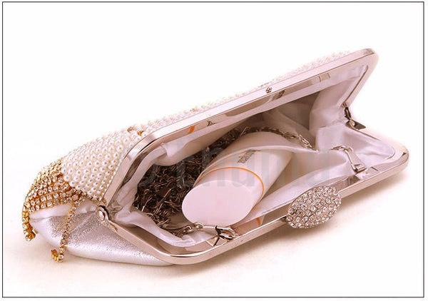 Pearl and Gold Tassel Party Evening Clutch - Enumu
