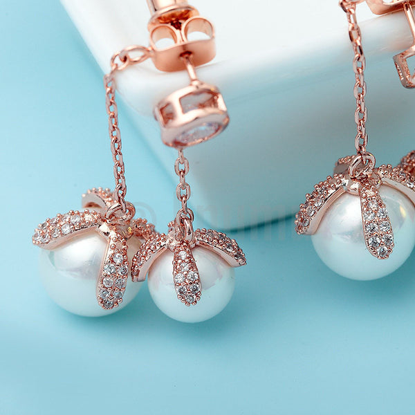 Rose Gold plated Pearl Dangle Earrings - Enumu