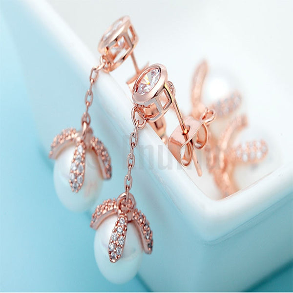 Rose Gold plated Pearl Dangle Earrings - Enumu