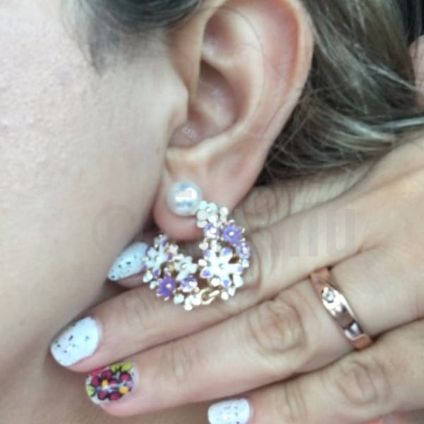 Purple Flower and Pearl Stud Earrings - Enumu