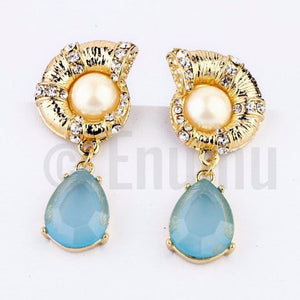 Pearl and Light Blue Dangle Earrings - Enumu