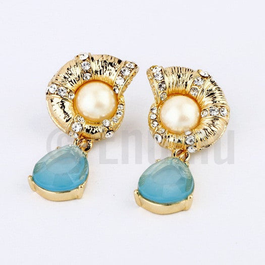 Pearl and Light Blue Dangle Earrings - Enumu