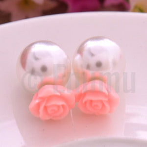 Double Side Pink Rose and Pearl Studs - Enumu