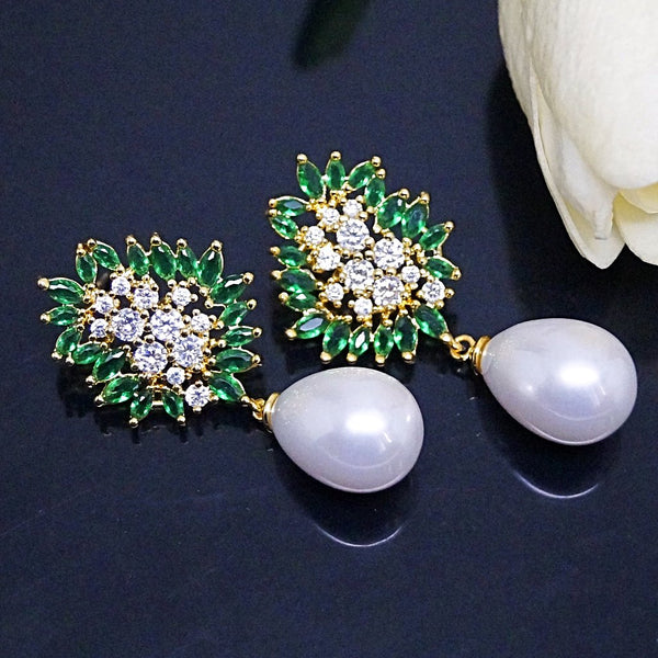 Emerald And CZ Pearl Dangle Earrings - Enumu