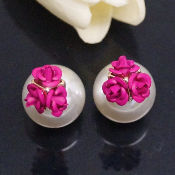 Pink Rose and Pearl Double Side Stud Earrings - Enumu