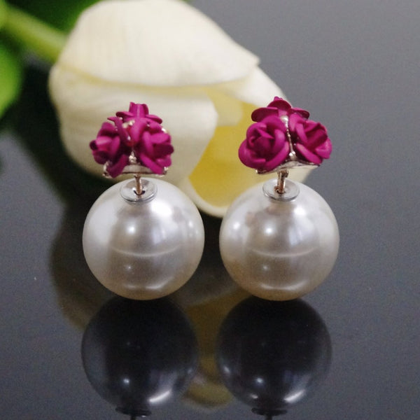 Pink Rose and Pearl Double Side Stud Earrings - Enumu