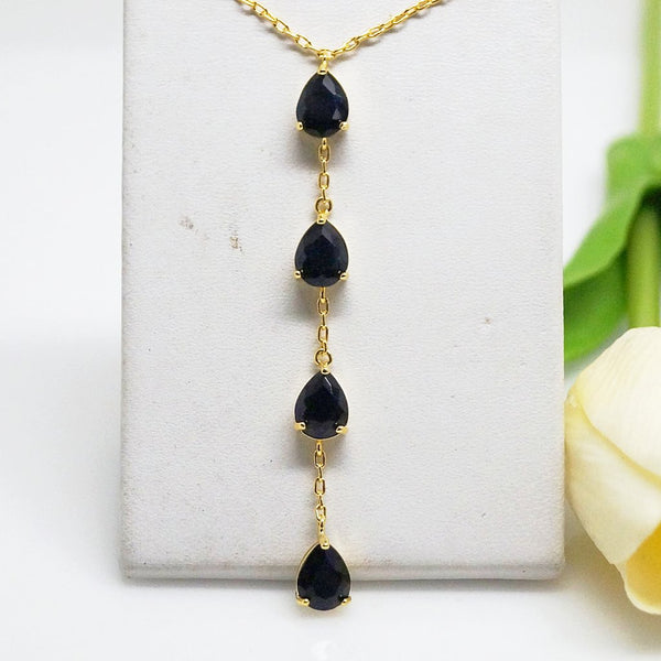 Black Sapphire Long Pendant with Chain - Enumu