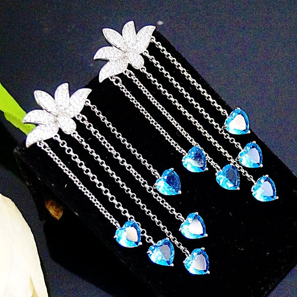 Super Long Lotus Aquamarine Dangle Earrings - Enumu