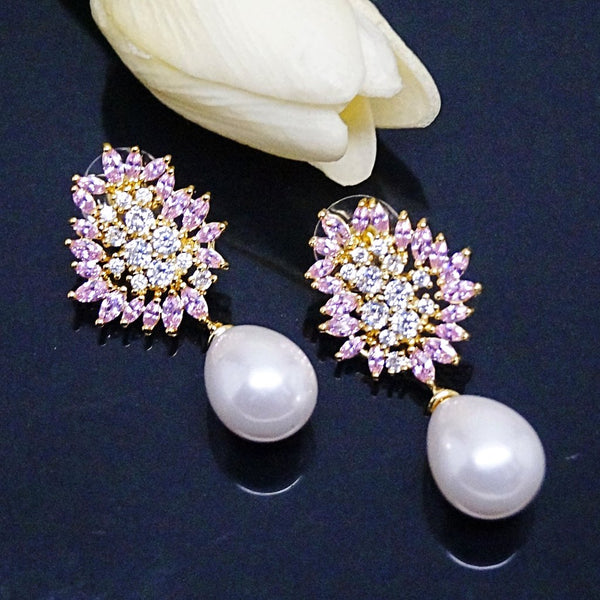 Pink Tourmaline and CZ Pearl Dangle Earrings - Enumu