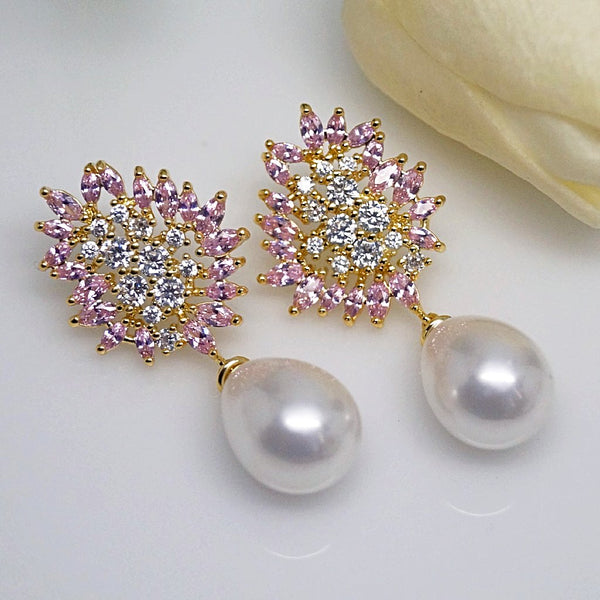 Pink Tourmaline and CZ Pearl Dangle Earrings - Enumu