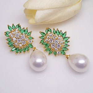 Emerald And CZ Pearl Dangle Earrings - Enumu