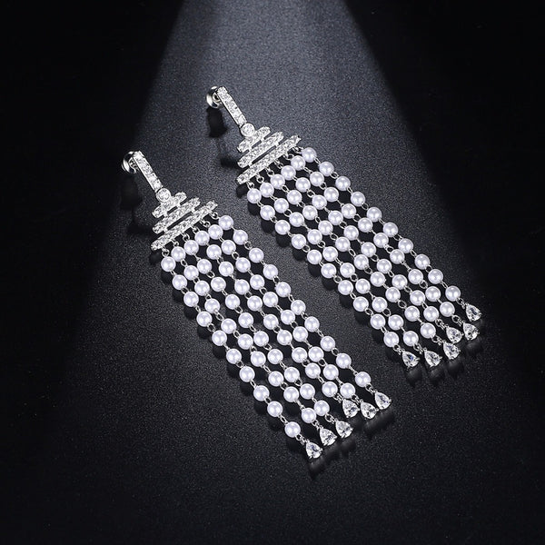 Pearl Tassel Dangle Earrings - Enumu