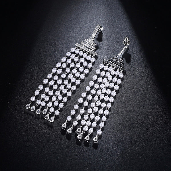Pearl Tassel Dangle Earrings - Enumu