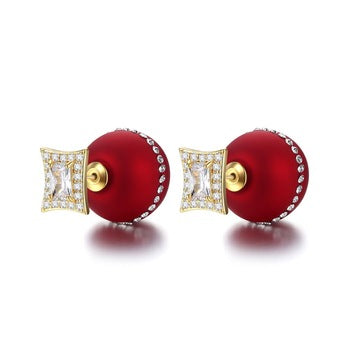 Double Side Red Imitation Pearl & CZ Studs - Enumu