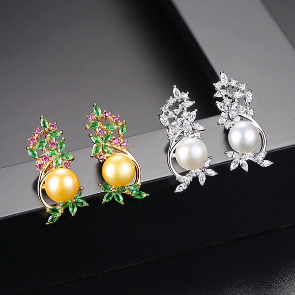 YGP Gold Pearl Emerald Ruby Studs - Enumu