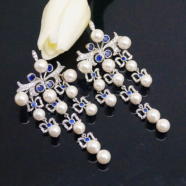 Super Long & Big Pearl Blue Sapphire Dangle Earrings - Enumu
