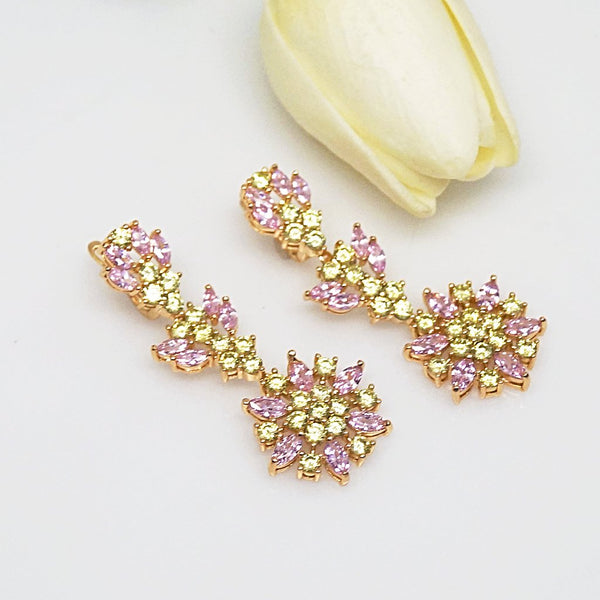 Pink Flower & Citrine Drop Dangle Earrings - Enumu