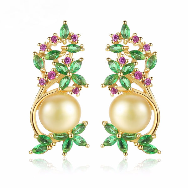 YGP Gold Pearl Emerald Ruby Studs - Enumu