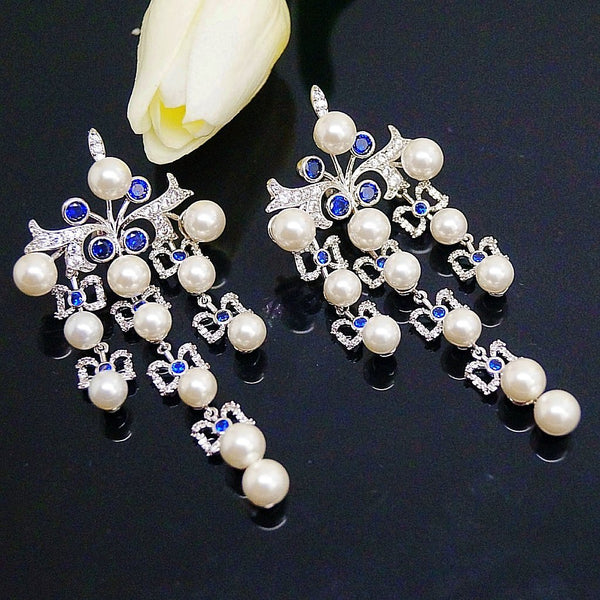 Super Long & Big Pearl Blue Sapphire Dangle Earrings - Enumu
