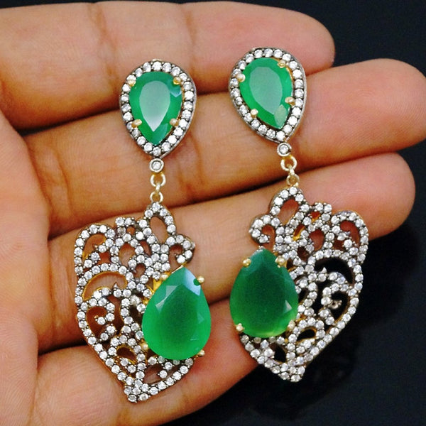 Victorian Pure 92.5 Silver Green Onyx & CZ Dangle Earrings - Enumu