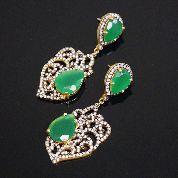 Victorian Pure 92.5 Silver Green Onyx & CZ Dangle Earrings - Enumu