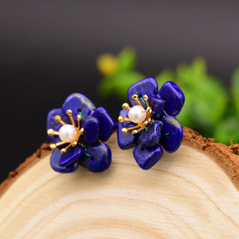 Handmade Pure 92.5 Sterling Silver Natural Lapis Lazuli Studs - Enumu