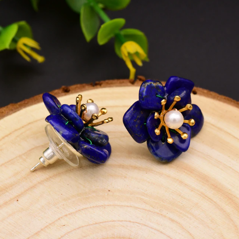 Handmade Pure 92.5 Sterling Silver Natural Lapis Lazuli Studs - Enumu