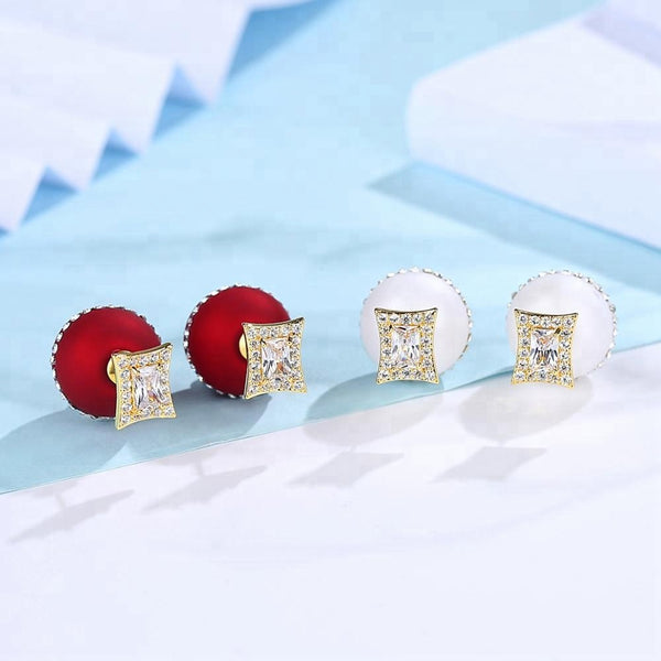 Double Side Red Imitation Pearl & CZ Studs - Enumu