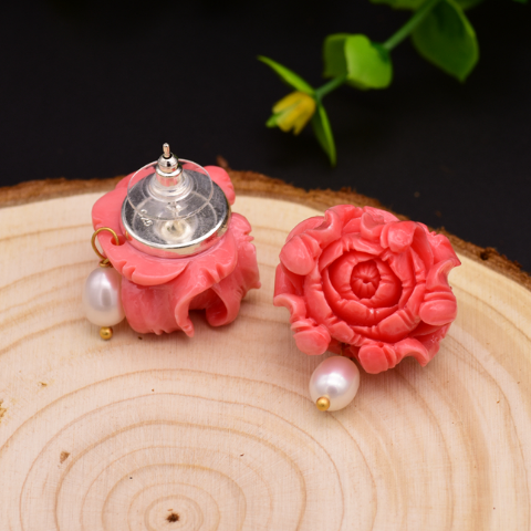 Handmade Pure 92.5 Sterling Silver Coral Pearl Studs - Enumu