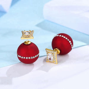 Double Side Red Imitation Pearl & CZ Studs - Enumu