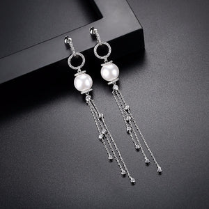 Pearl Long Tassel Dangle Earrings - Enumu