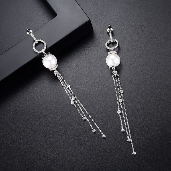 Pearl Long Tassel Dangle Earrings - Enumu