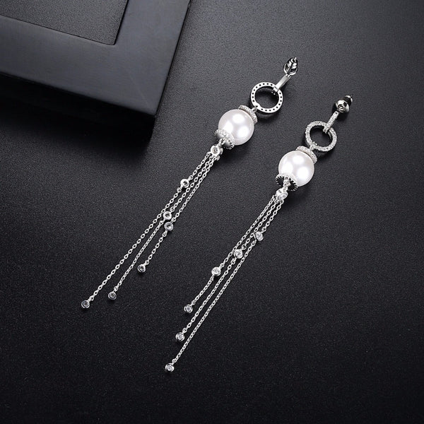 Pearl Long Tassel Dangle Earrings - Enumu
