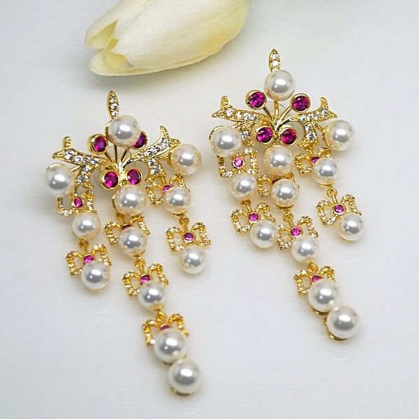Super Long & Big Pearl Ruby Dangle Earrings - Enumu