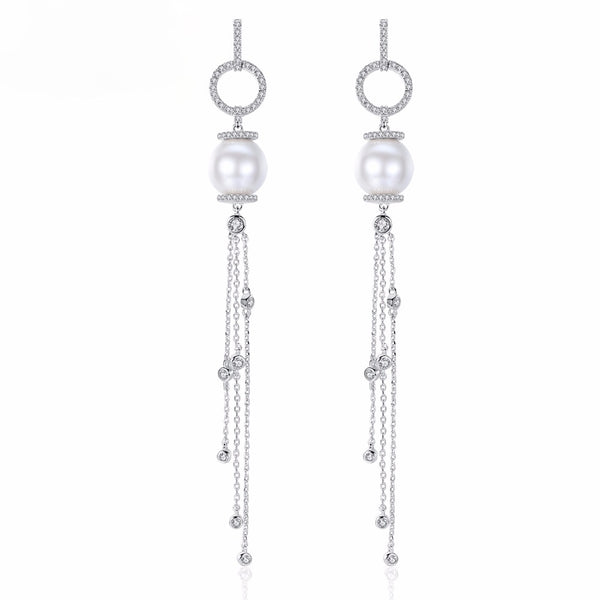 Pearl Long Tassel Dangle Earrings - Enumu