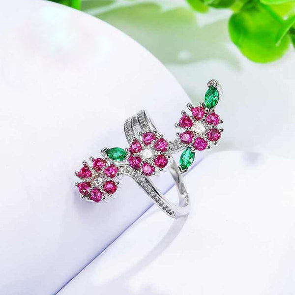 Ruby Flower and Leaves Ring - Enumu