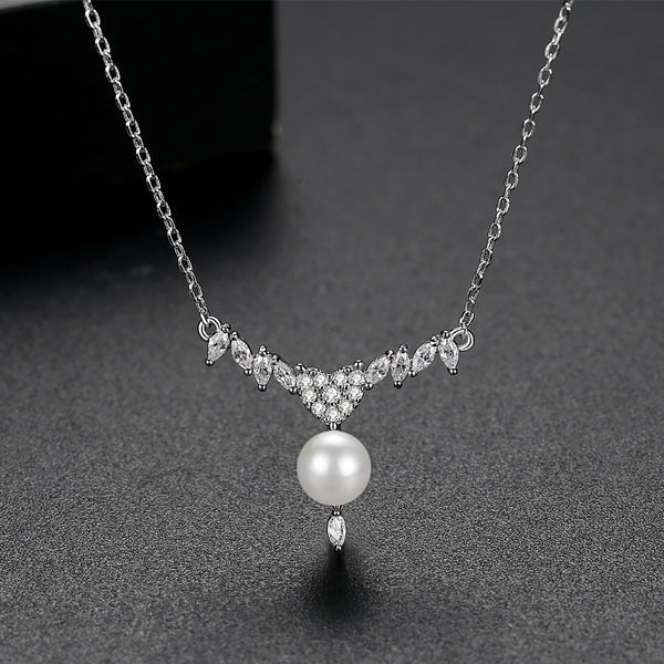 Simple Zircon Pearl Pendant with Chain - Enumu