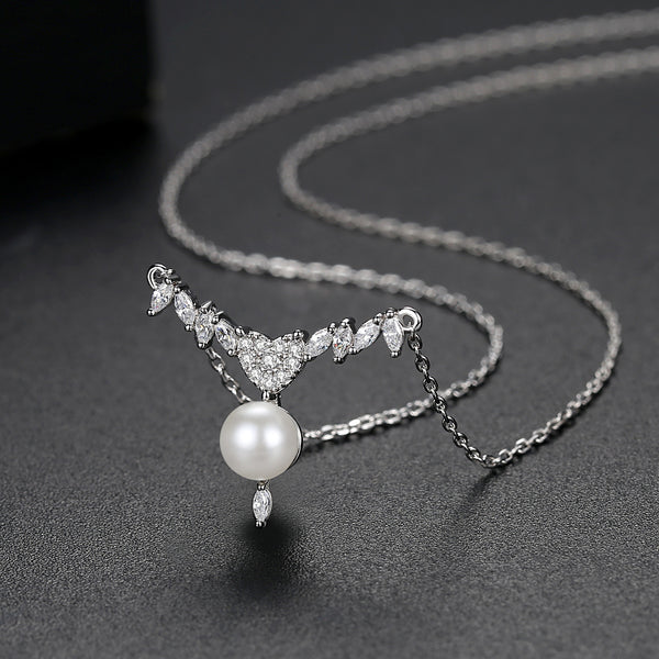 Simple Zircon Pearl Pendant with Chain - Enumu