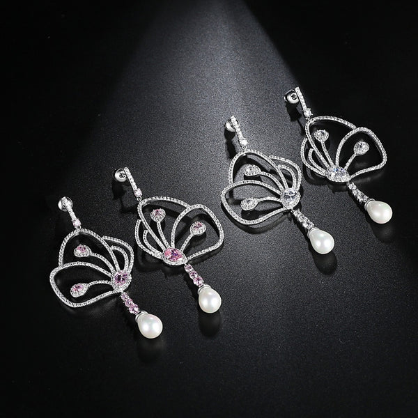 Long Butterfly Pink Sapphire Pearl Dangle Earrings - Enumu