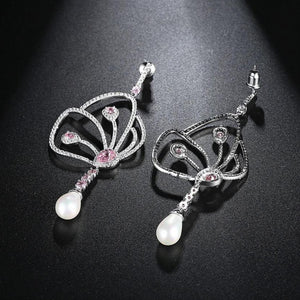 Long Butterfly Pink Sapphire Pearl Dangle Earrings - Enumu