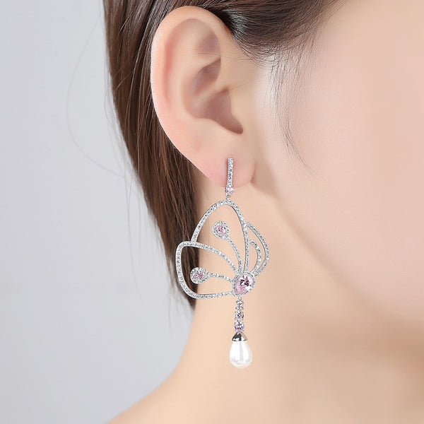 Long Butterfly Pink Sapphire Pearl Dangle Earrings - Enumu