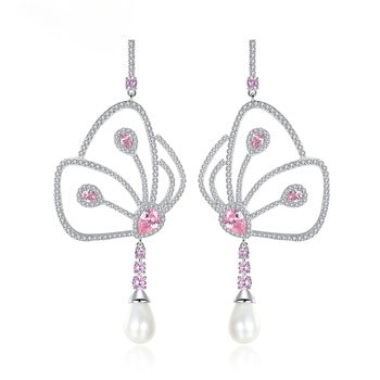 Long Butterfly Pink Sapphire Pearl Dangle Earrings - Enumu