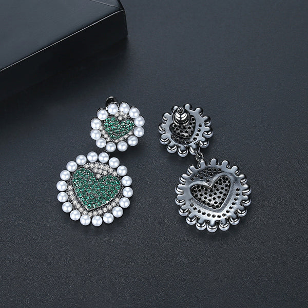 Pearl Emerald Heart Dangle Earrings - Enumu