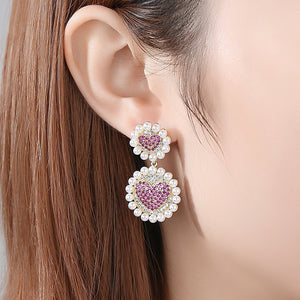 Pearl Ruby Heart Dangle Earrings - Enumu