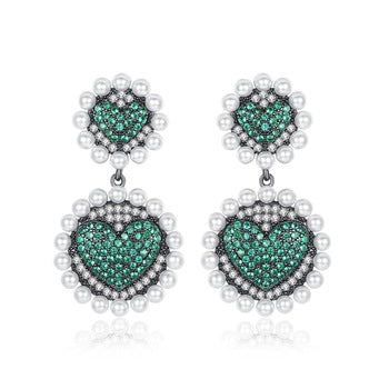 Pearl Emerald Heart Dangle Earrings - Enumu