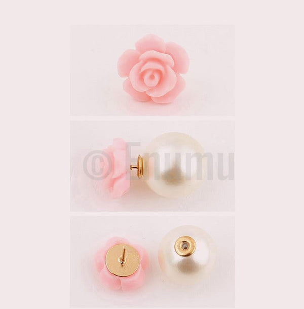 Double Side Pink Rose and Pearl Studs - Enumu