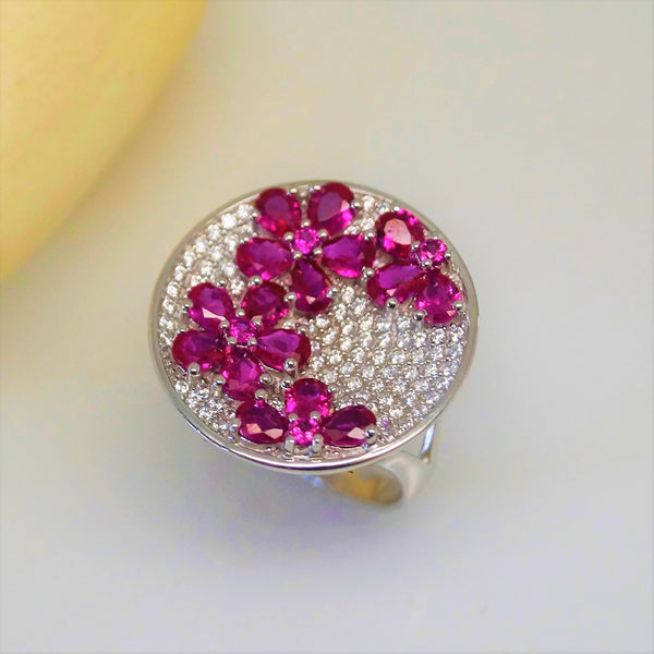 Pure 92.5 Sterling Silver Ruby Flowers Ring - Enumu