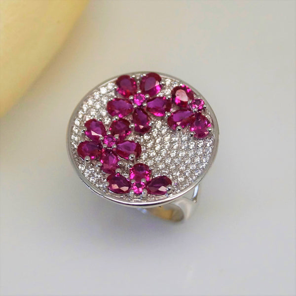 Pure 92.5 Sterling Silver Ruby Flowers Ring - Enumu