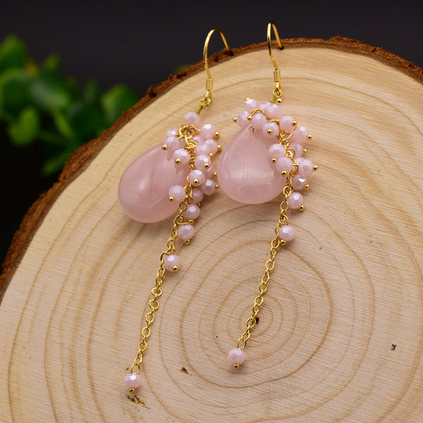 Double Heart Jeweled Dangle Earrings, PINK - HerringStones - HerringStones