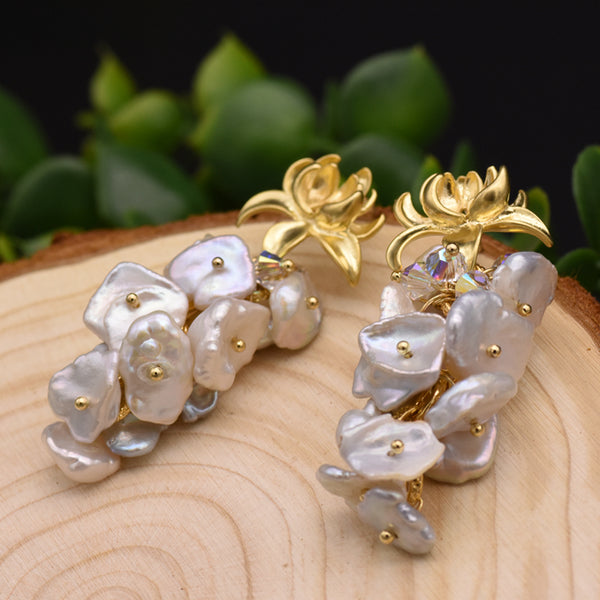 Lotus Sterling  Silver Natural Pearl Dangle Earrings - Enumu